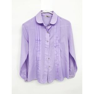 Vintage Korean Lavender Pleated Collared Blouse Button Up Long Sleeve Size 12